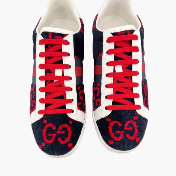 Gucci Ace Sneakers EU 38 US 8 Navy Blue & Red GG Monogram Corduroy Low Top Shoe - Picture 4 of 12